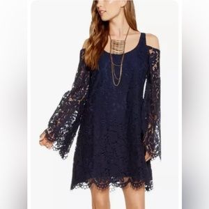 NWT Chaser Navy Lace Cold-Shoulder Bell Sleeve Mini Dress